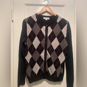 Merona Black Gray Fuchsia Argyle Preppy Cotton Cardigan XL